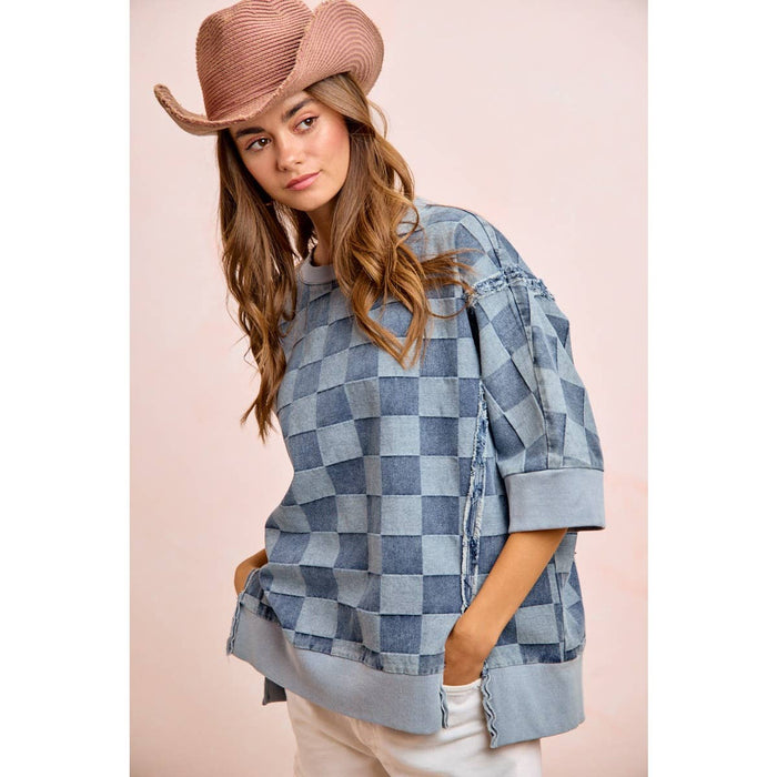 Denim Washed Checkered Short Sleeve Top