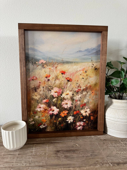 Pink Summer Flower Field Wall Art | Light Oak Frame 8x12