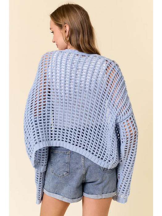 Fishnet Cropped Open Cardigan - Powder Blue