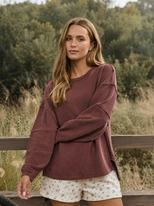 Maroon Exposed Seam Detail Long Sleeve Knit Top