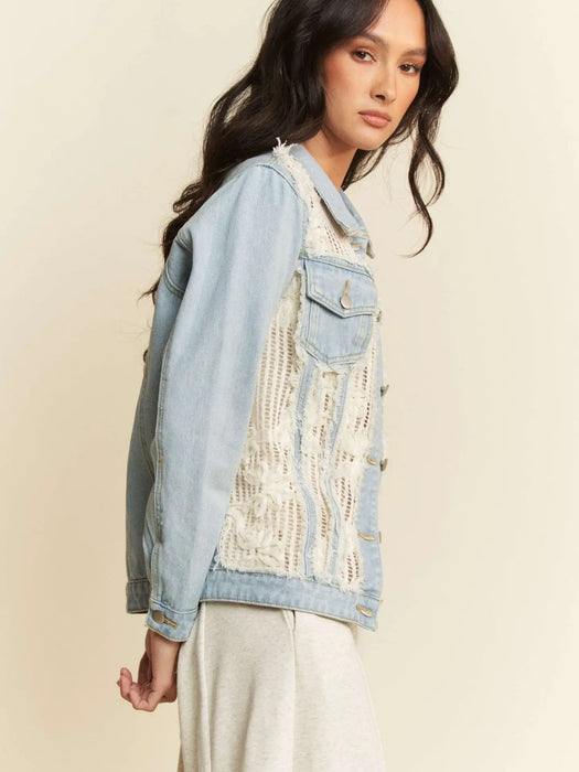 Lace Chest Pocket Button Down Denim Jacket