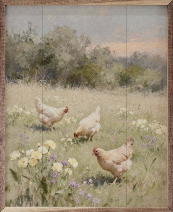 Chickens Playing In Pasture Framed Wall Art