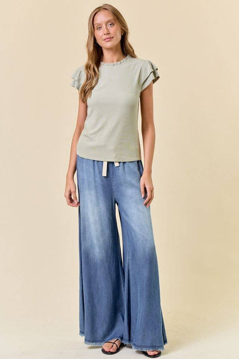 Soft Rib Ruffled Neck Butterfly Cap Sleeve Top - Sage
