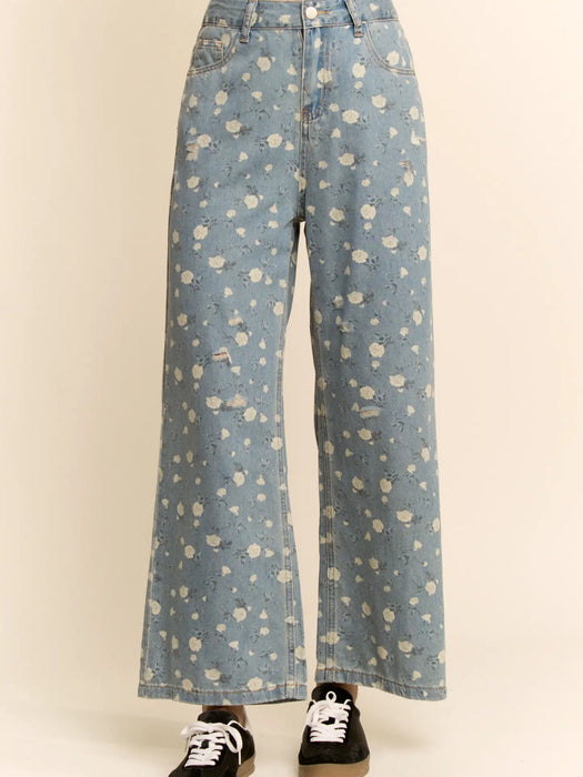 Floral Print High-Waisted Wide-Leg Denim Pants