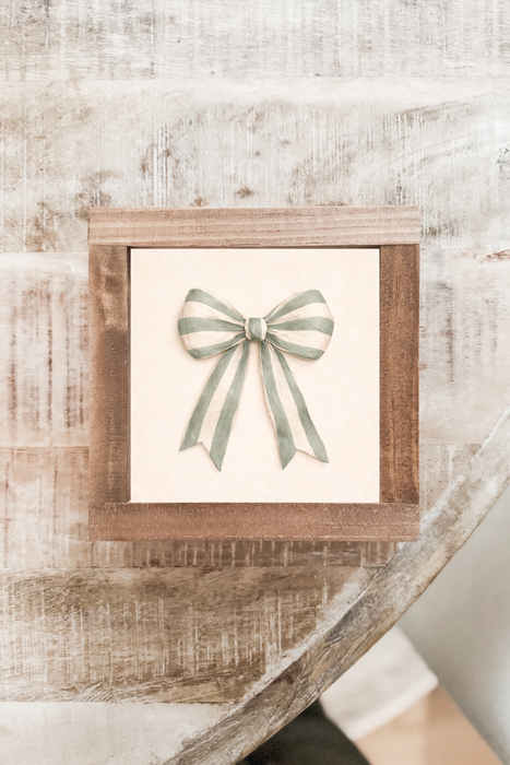 Sage Stripe Bow Framed Wall Art 7x7"