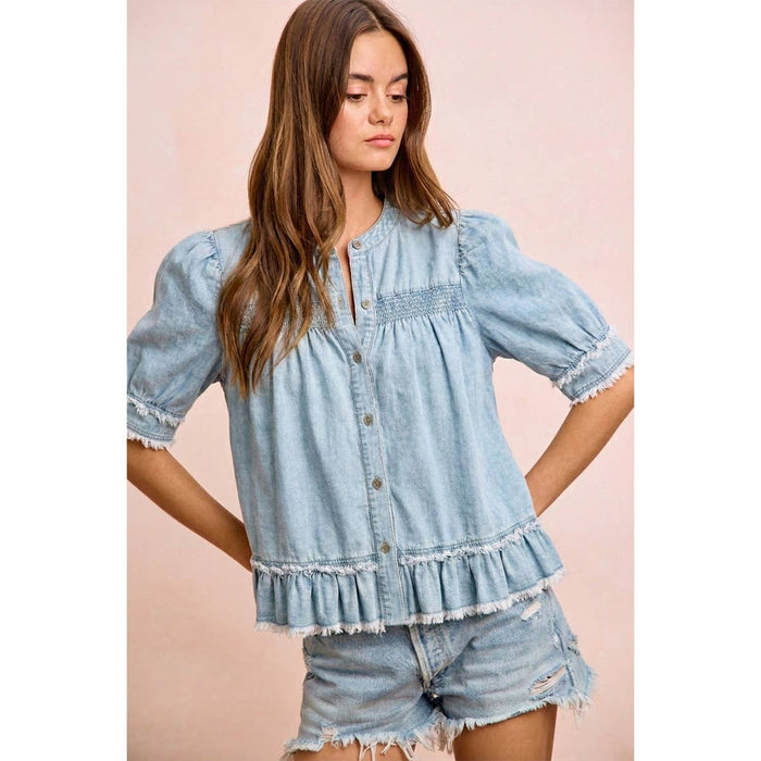 Washed Light Denim Smocked Ruffled Hem Top