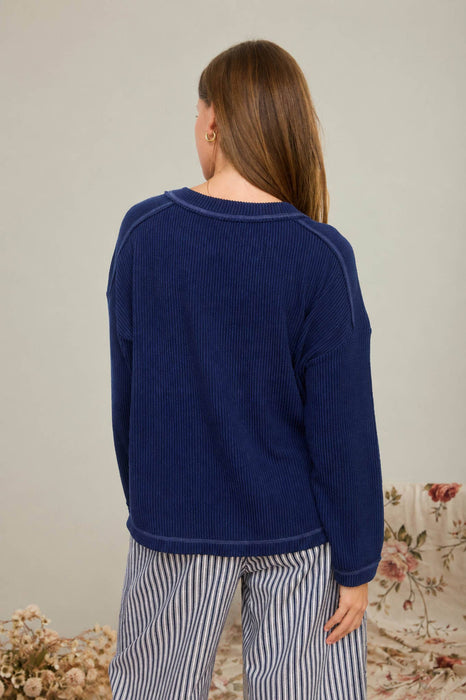 Navy Raw Edge Ribbed Long Sleeve Knit Top