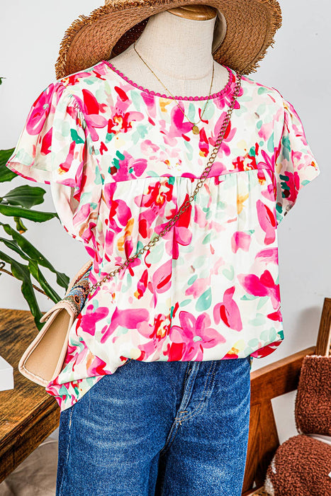 Floral Flutter Sleeve Round Neck Casual Blouse | S-XL
