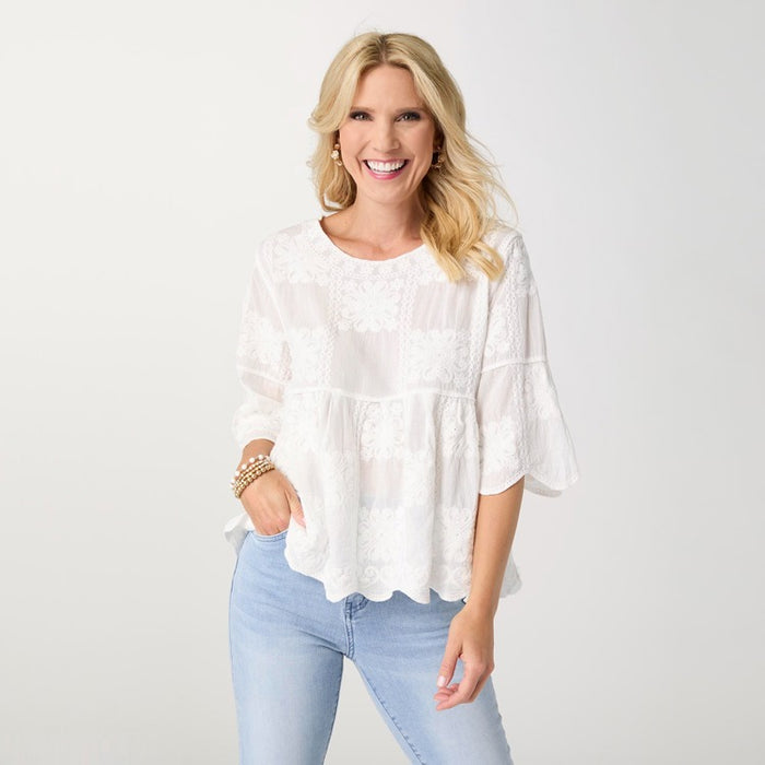Elyse 3/4 Sleeve Embroidered Babydoll Top