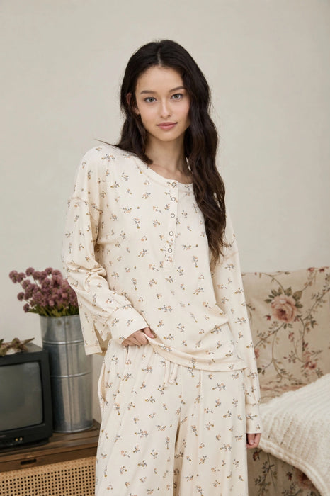 Ditsy Floral Boxy Henley Long Sleeve Top