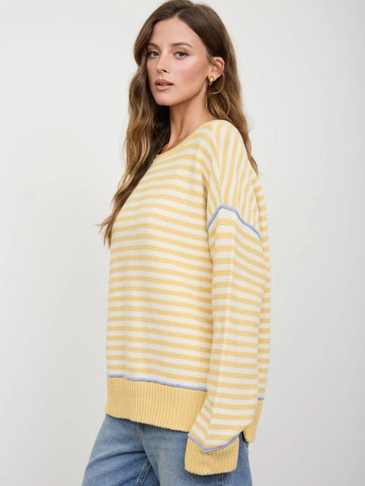 Yellow Stripe Contrast Stitch Raw Edge Knit Sweater