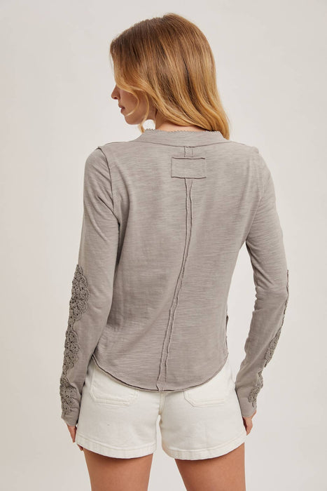 Crochet Patch Sleeved Half Button Round Neck Top