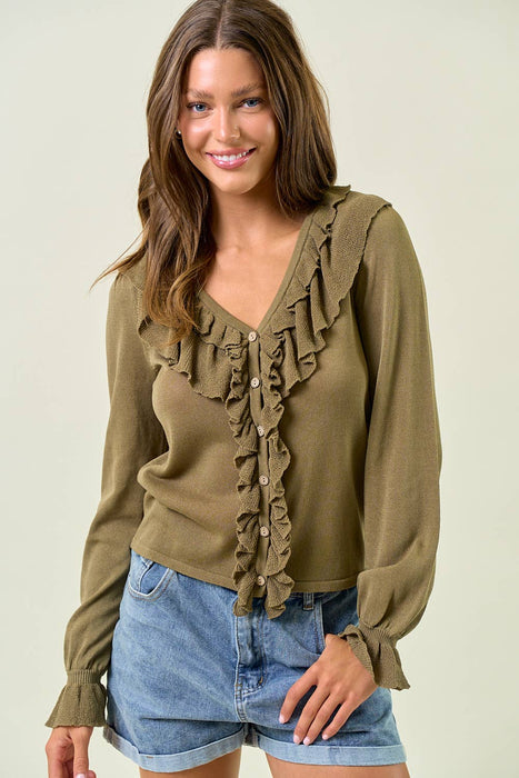 Olive Ruffle Button Front Top