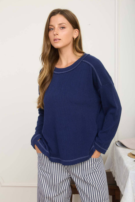 Navy Raw Edge Ribbed Long Sleeve Knit Top