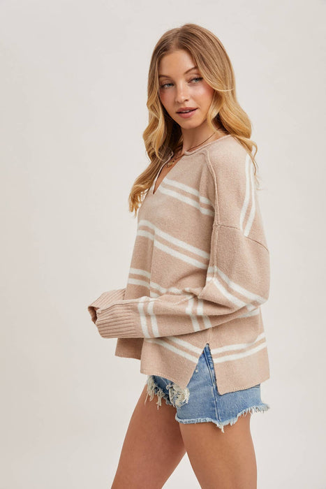 Notch Neck Striped Knit Sweater