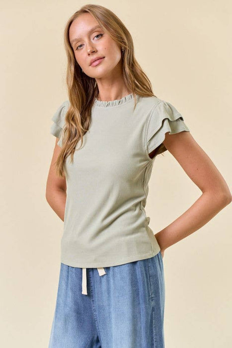 Soft Rib Ruffled Neck Butterfly Cap Sleeve Top - Sage
