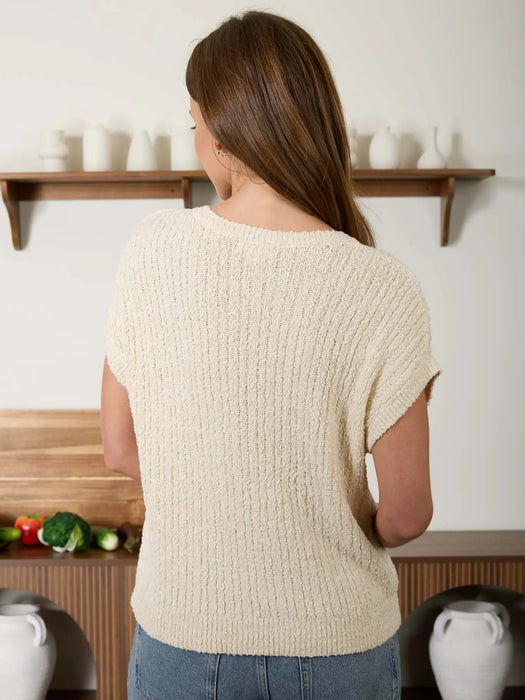 Cream Cozy Short Sleeve Button Down Knit Sweater