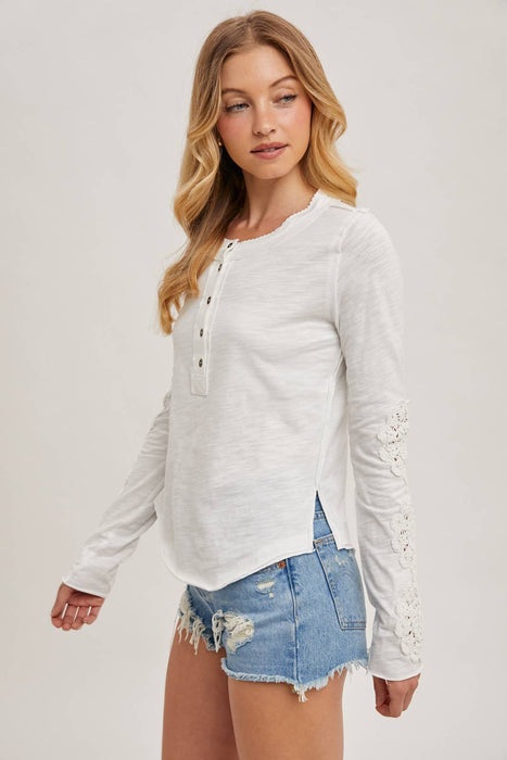 Crochet Patch Sleeved Half Button Round Neck Top