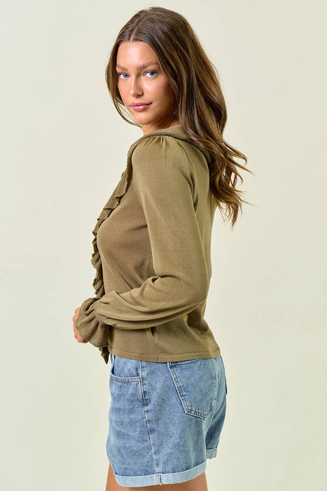 Olive Ruffle Button Front Top