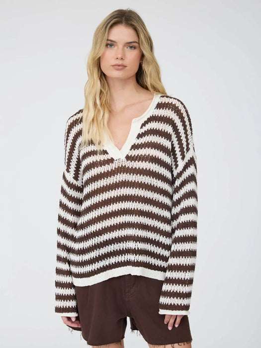 Brown/Oatmeal Stripe Raw Edge Split Neck Sheer Knit Sweater