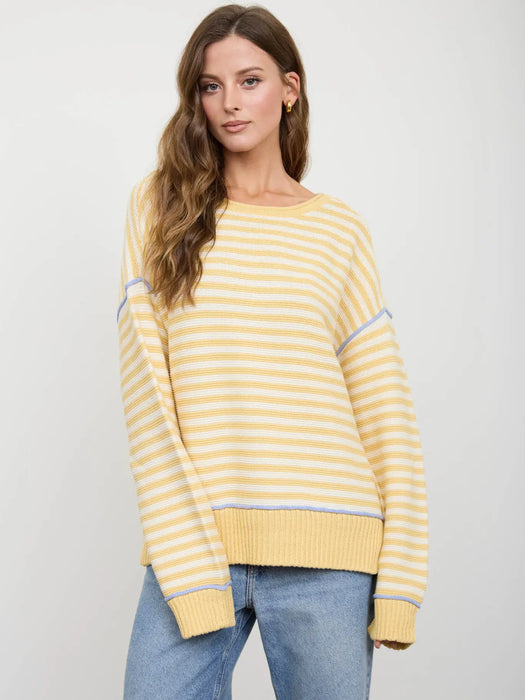 Yellow Stripe Contrast Stitch Raw Edge Knit Sweater