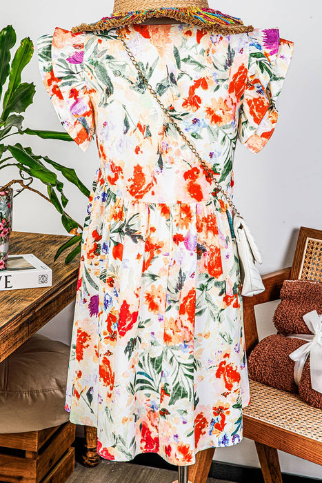 Floral Double Ruffle Sleeve High Waist Mini Dress | S-XL