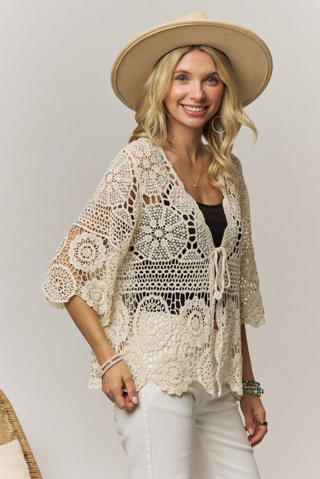 Boho Crochet Lace Tie Front Cardigan