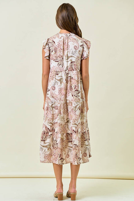 Paisley Print Split Neck Tiered Midi Dress