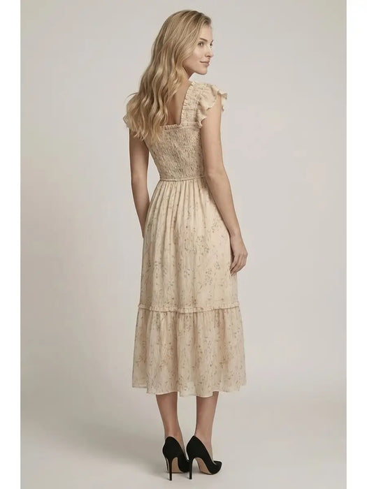 Smock Bodice Ruffle & Covered Button Detail Dress