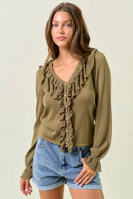 Olive Ruffle Button Front Top