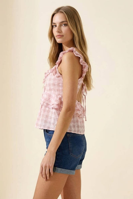 Pink Flowy Chiffon Seersucker Gingham Tunic Top