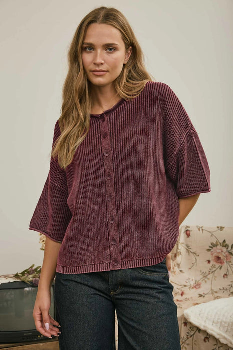 Burgundy Washed Ribbed Short Sleeve Rolled Edge Cardigan