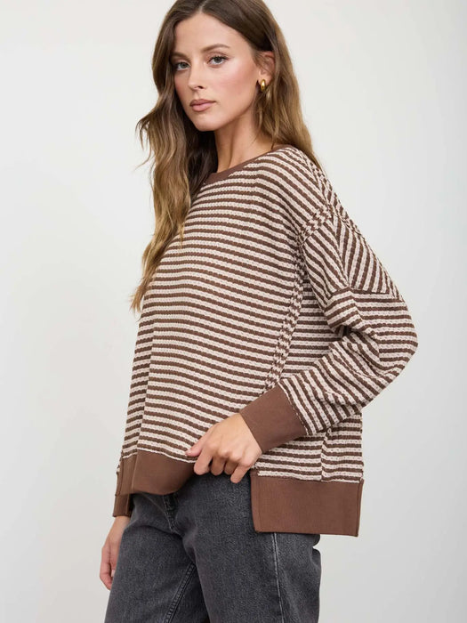 Brown Stripe Exposed Seam Long Sleeve Knit Top