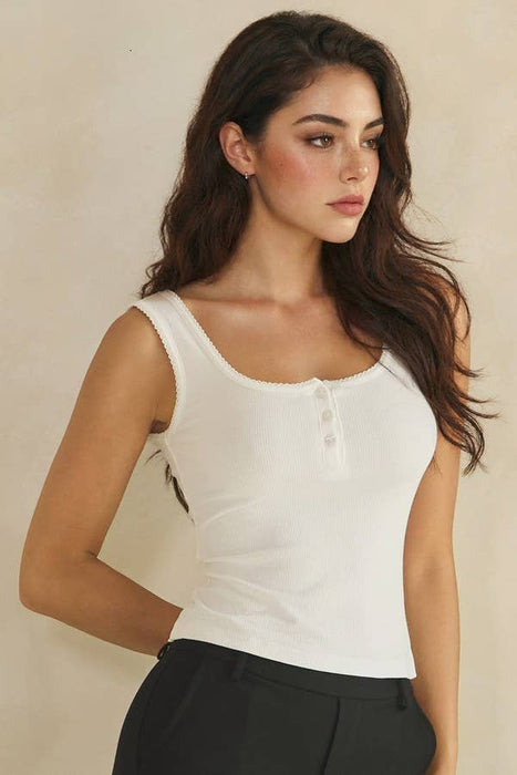 White Ribbed Scoop Neck Button Front Tank Top