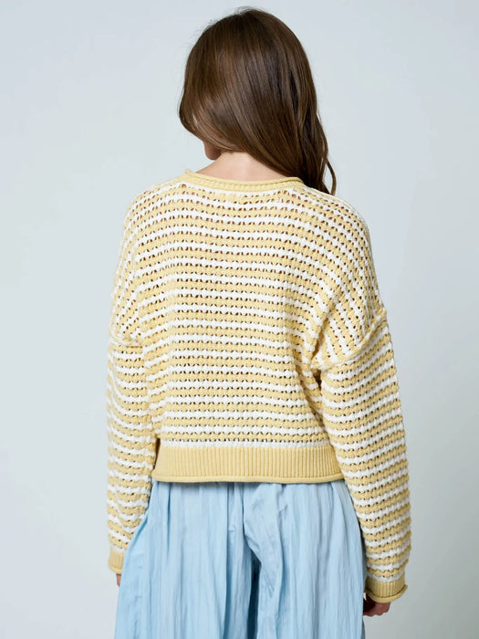 Butter Yellow Textured Stripe Crochet Knit Button Down Cardigan