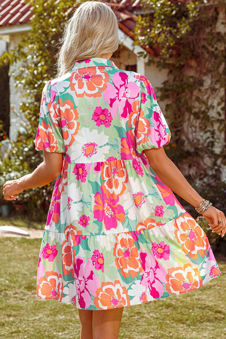 Floral Short Sleeve Buttoned Babydoll Dress | S-XL