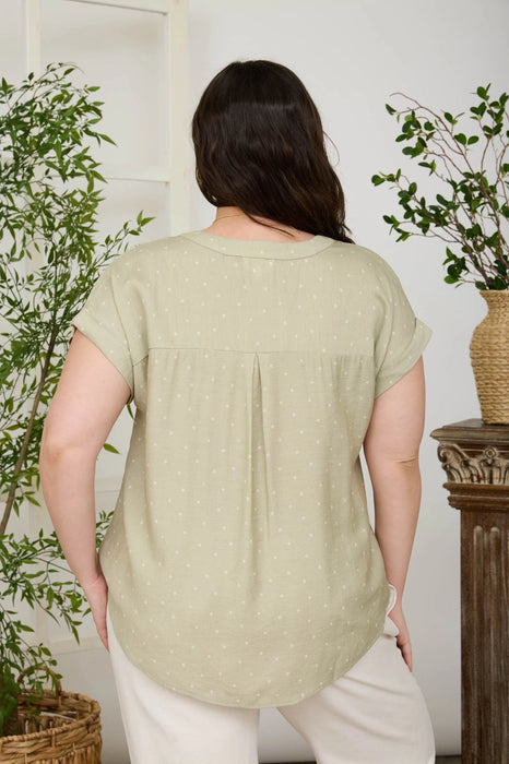 PLUS Light Olive Polka Dot Lace Trim Half Button Short Sleeve Top