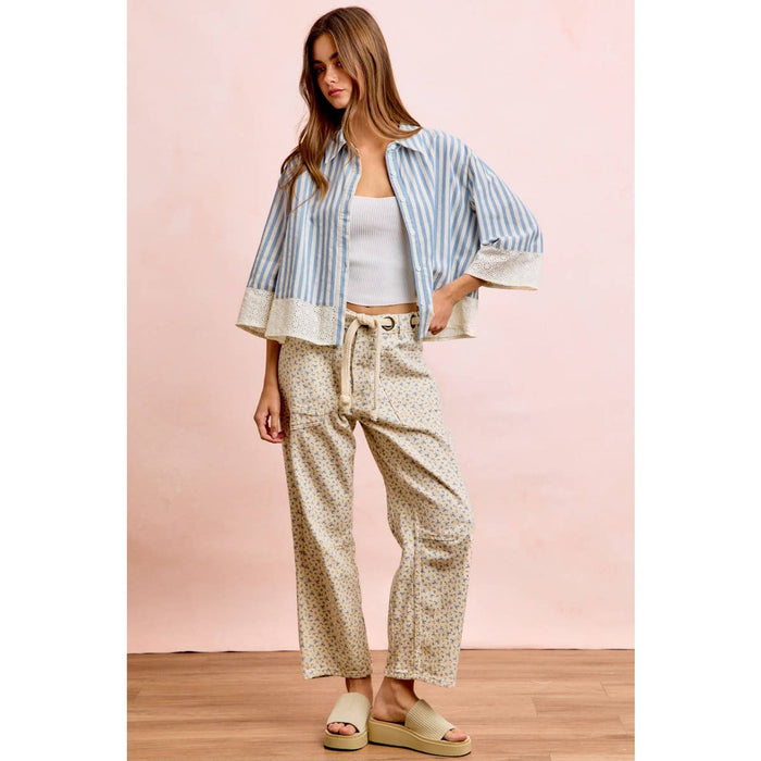 Braided Belt Patch Pocket Floral Print Pants