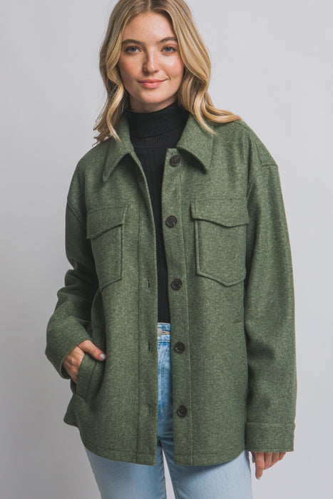 Olive Fleece Button Up Shacket