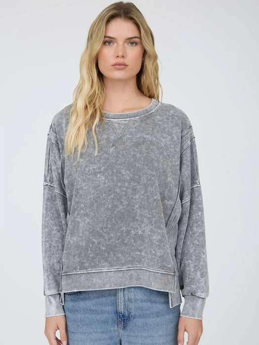Black Acid Wash Long Sleeve Side Slit Knit Top