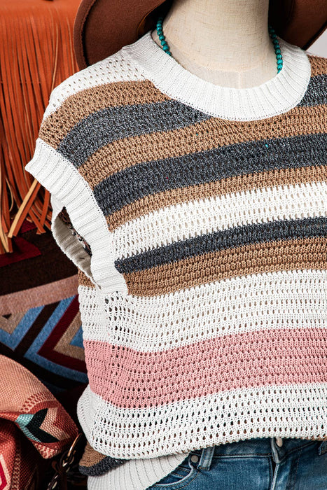 Stripe Eyelet Knit Short Sleeve Sweater Tee | S-XL