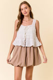 Floral Embroidered Front Tie Sleeveless Ruffle Top