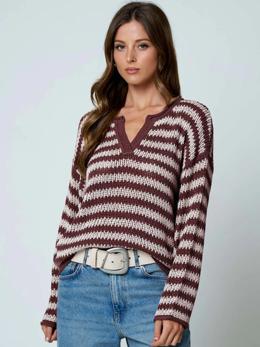 Burgundy Stripe Raw Edge Split Neck Sheer Knit Sweater
