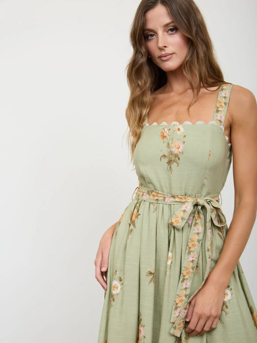 Olive Floral Border Pattern Belt Strap Midi Dress