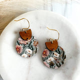 Sage Green/Pink Floral Crescent Leather Earrings 