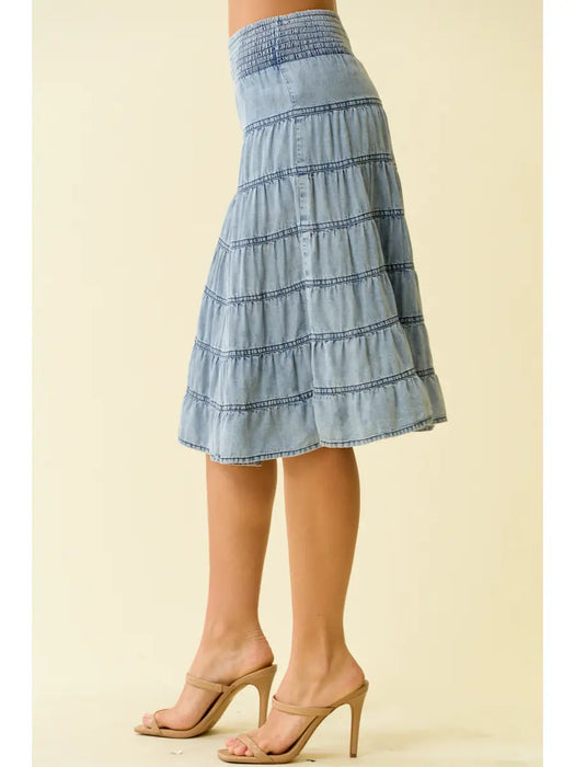 Tencel Chambray Tiered Shirring Midi Skirt