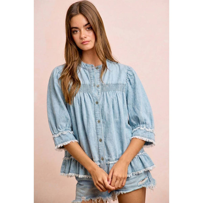 Washed Light Denim Smocked Ruffled Hem Top
