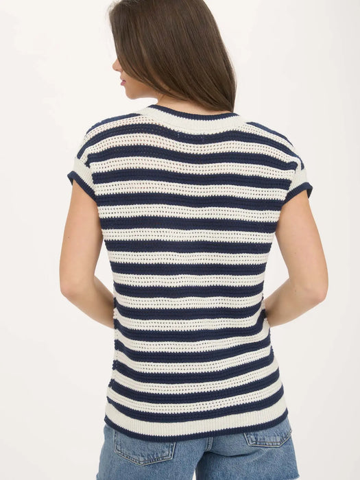 Stripe V Neck Crochet Knit Short Sleeve Sweater