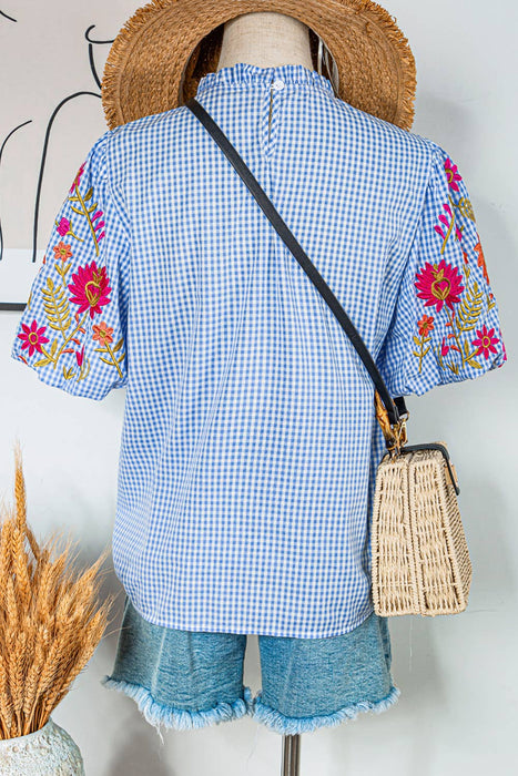Gingham Floral Embroidered Puff Sleeve Blouse | S-XL