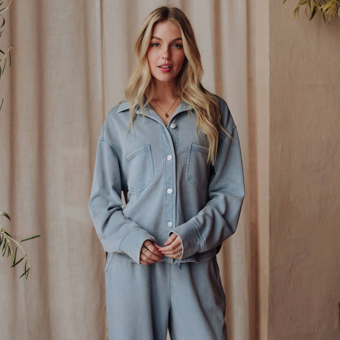 Lt. Blue Cropped Washed Soft Button Up